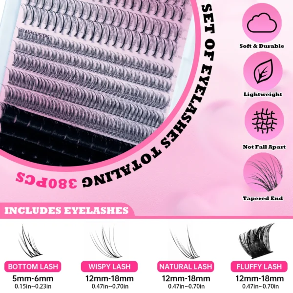 Eyelash Extension Kit - 380 Clusters with Glue & Tweezer - Image 3